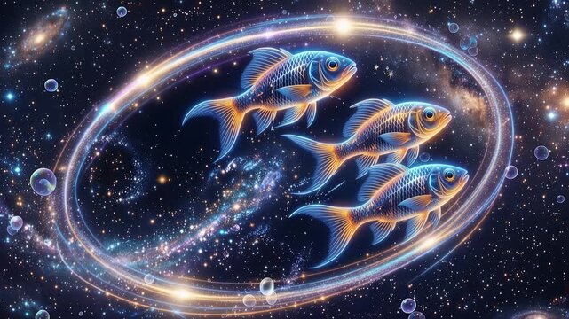 Luminous fish symbolizing Pisces zodiac sign, swimming through endless cosmic loop, surrounded by sparkling light trails, 4K video