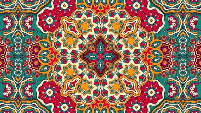 Vibrant kaleidoscopic mandala pattern with symmetrical geometric floral motifs in red, teal, orange, and cream, seamless looping animation