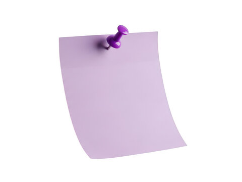 Purple sticky note attached with a push pin isolated on transparent background