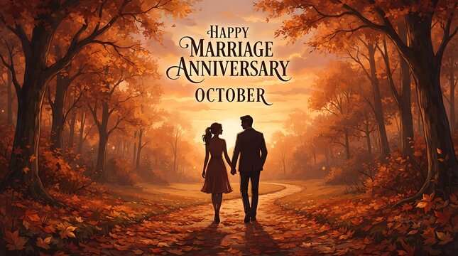 Couple walking hand in hand through an autumn forest scenic illustration
