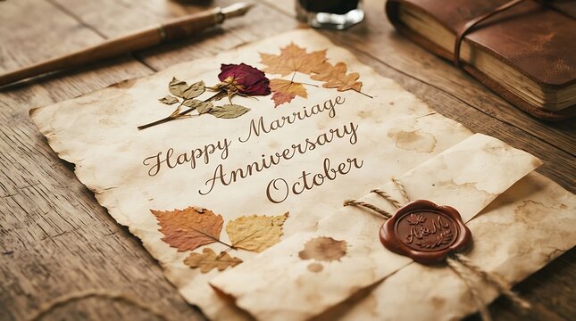 Vintage anniversary letter with dried rose and autumn leaves on wood