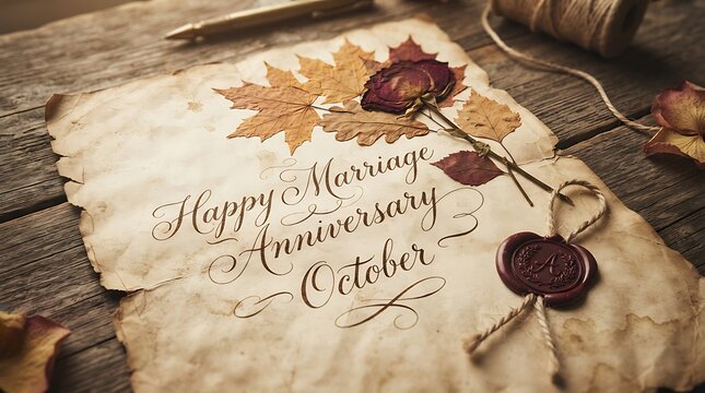 Vintage marriage anniversary parchment with dried leaves and wax seal