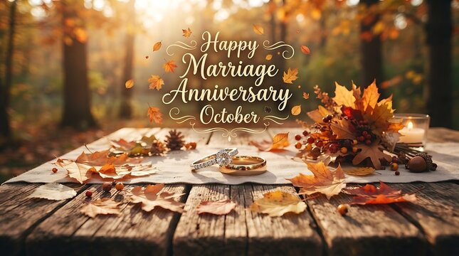 Wedding rings rest among autumn leaves on a rustic wooden surface