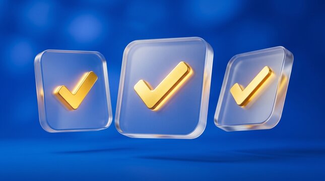 Glass squares with golden check mark symbols floating on a vibrant blue background