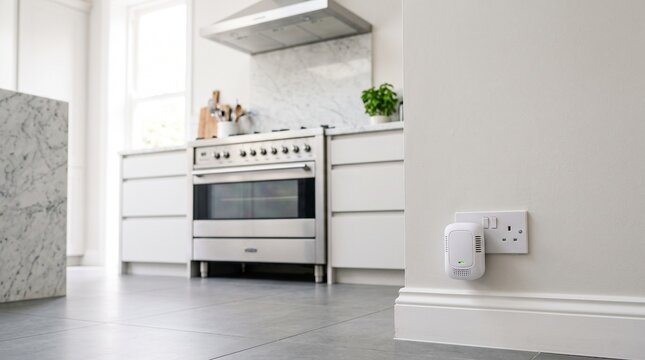 Smart home plug plugged into a wall outlet in a modern kitchen interior