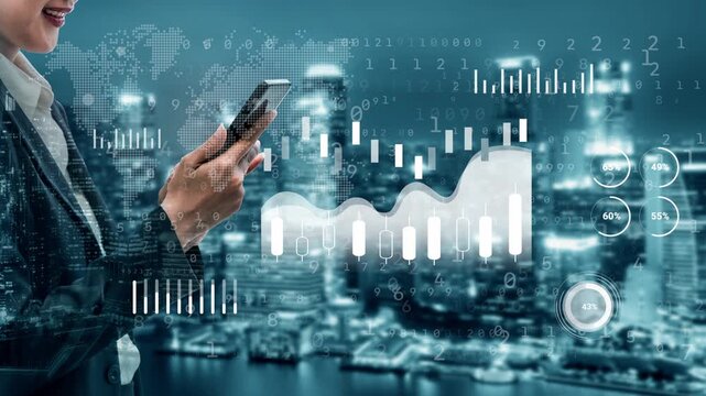 Businesswoman using smartphone with digital interface overlaid on city skyline, data analysis, technology and finance concept, urban landscape background. Entropy.