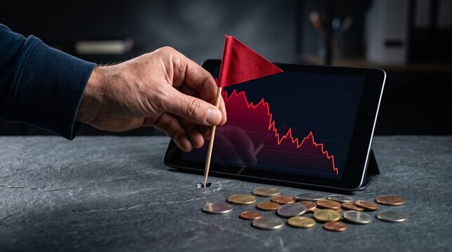 Person placing red flag in front of tablet showing falling stock market graph