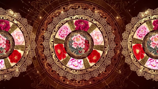 Ornate golden mandala with peony flowers rotating on dark background