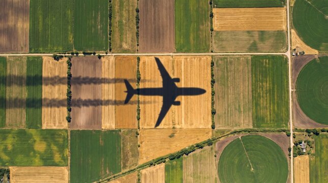 Aerial View of Airplane Shadow Moving over Patchwork Agricultural Fields