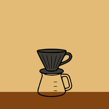 Coffee background vector illustration template with v60 coffee dripper and glass server copy space
