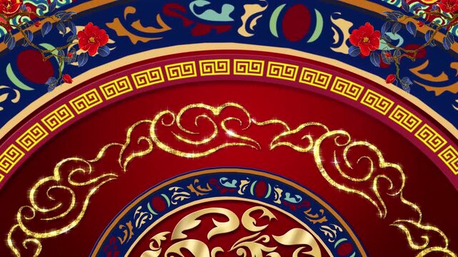 Traditional Chinese decorative pattern with red and gold cloud motifs, floral branches, and geometric borders