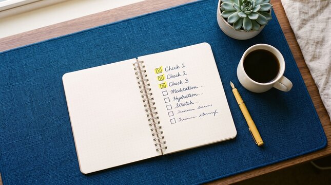 Open notebook with a to-do list, coffee cup, and plant on a desk mat