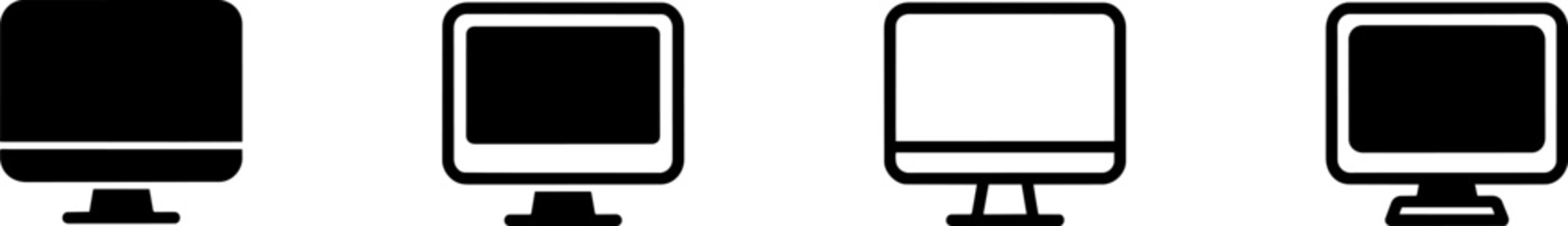 Minimalist computer monitor icon set, black computer screen vector symbols, desktop display linear icons for web design