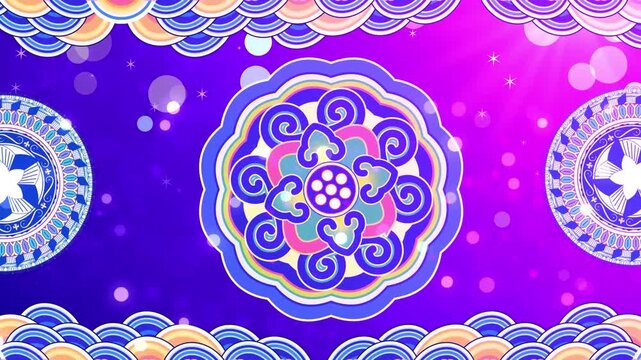 Ornate mandala pattern with swirling floral motifs and wave borders on vibrant purple gradient background