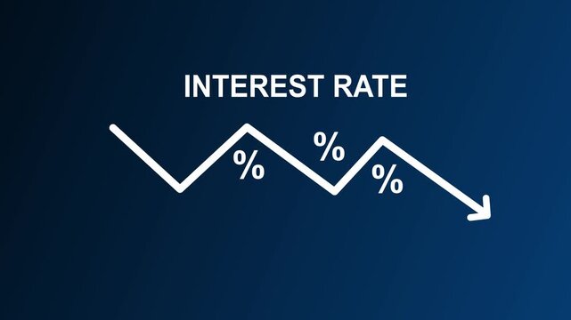 Interest rate reduction graph with falling downward arrow and percentage symbols on transparent gradient background on motion graphics animation video concept.