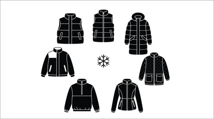 Collection of black winter jacket silhouettes arranged around a snowflake symbol © MdAzharul