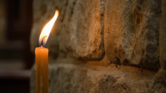 Candle flickering beside a stone wall
