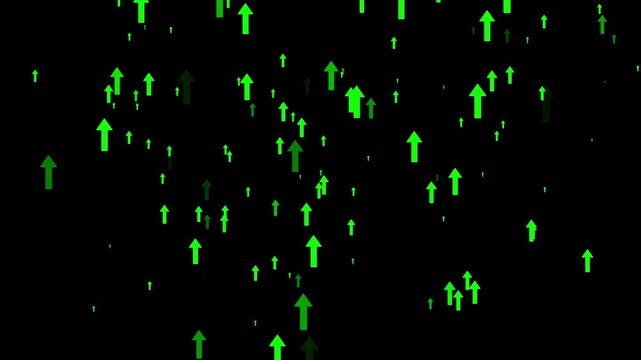 Multiple green upward rising arrows pattern on dark black background representing growth increase trend and financial boost on motion graphics animation concept.