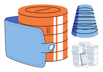 Wallet with coins, data cone, and document stacks vector illustration. Personal finance, data storage, office organization, accounting, business management, information processing. Money holder © Dmytro