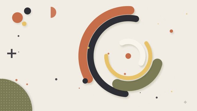 Editorial Paper Craft Kinetic Arcs with Print Color Bar Halftone Texture and Orbiting Satellites Seamless Loop Geometric Background
