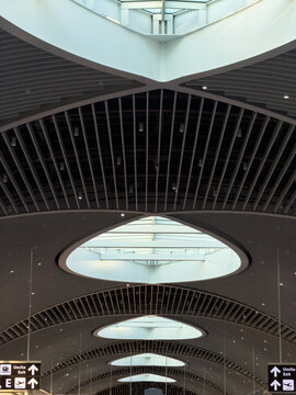 Skylights and geometric ceiling inside an airport terminal