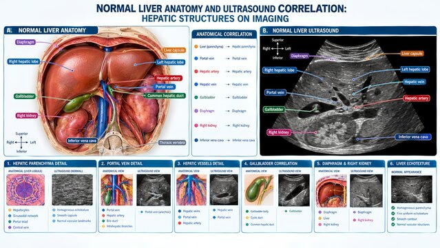 Professional medical infographic illustrating normal liver anatomy and abdominal ultrasound correlation, featuring hepatic parenchyma, vessels, gallbladder, diaphragm, and right kidney structures in r