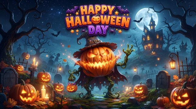 Happy Halloween Day Background with Pumpkin Monster 3D Design. Spooky Jack O Lantern Character