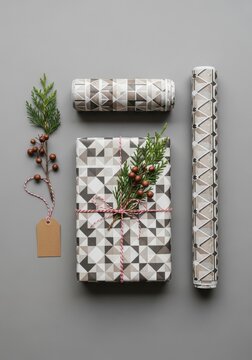 A festive arrangement of wrapped gifts and evergreen sprigs is presented on a gray background.