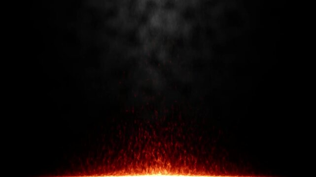 Red fire sparks rise from a vibrant glowing base at the bottom into a dark smoky black background space.
