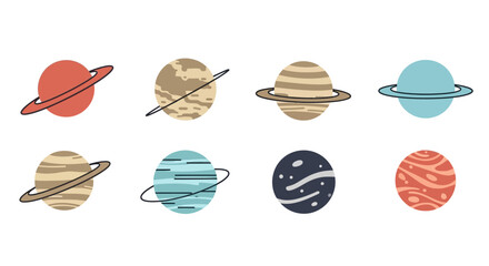 Set of Colorful Cartoon Planet Icons Featuring Various Celestial Bodies and Planetary Rings for Space Science and Astronomy Themed Projects © reyro22