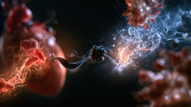 Art shows gut bacteria metabolizing dietary components and TMAO affecting heart health in a dark background setting.