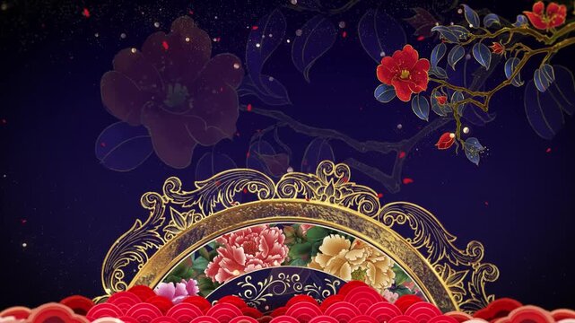 Ornate Chinese-style floral frame with peonies, camellias, and red cloud motifs on deep blue starry background
