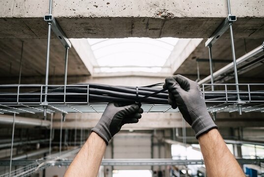 First-person point-of-view shot of gloved hands organizing thick industrial cables in an overhead metal tray for infrastructure planning and engineering presentations.