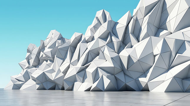 Geometric Low Poly White Wall Structure Under Clear Sky