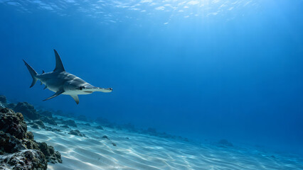 Obraz premium Hammerhead shark glides gracefully through clear blue ocean, showcasing its unique shape and elegance in underwater world