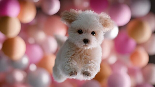 Adorable fluffy white puppy floating above colorful pastel balls in playful scene