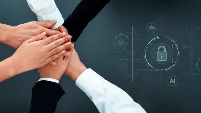 A unified group of hands in a teamwork gesture symbolizes collaboration in cybersecurity. Digital icons illustrate themes of AI, security, and data privacy. Raster