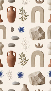 Bohemian 3D Seamless Pattern with Terracotta Vases, Olive Branches and Abstract Stone Arches