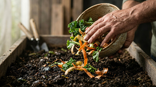 Person adding organic kitchen food scraps to a wooden compost bin in the garden.