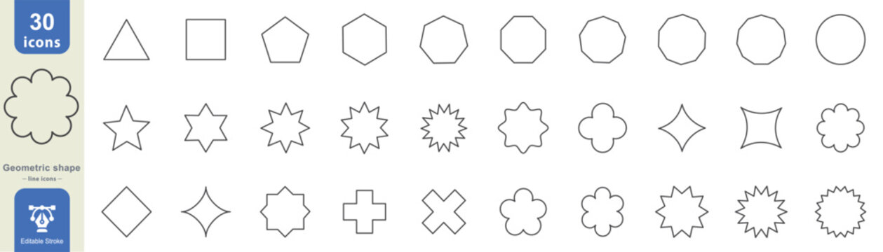 Geometric shape line icon set including 30 polygonal, star, floral and abstract outlines with editable strokes for modern designs