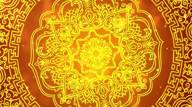 Golden ornate mandala pattern with glowing floral motifs and traditional geometric borders on warm orange background