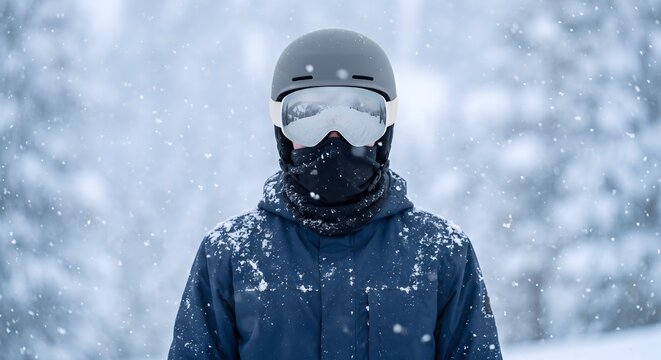 Waist up portrait of a snowboarder standing in falling snow, the face almost entirely concealed behind large mirrored ski goggles and a plain neck gaiter pulled up over the nose and mouth.