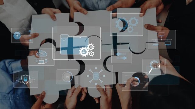 A diverse group of professionals collaboratively solving a puzzle while surrounded by digital graphics representing data, technology, and strategic innovation for business growth. Raster