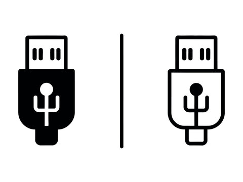 Outline and black fill icon set representing a usb cable connector with connector