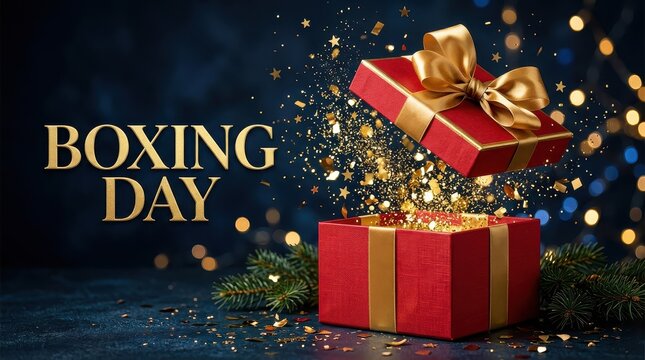 Boxing Day Sale Banner with Open Red Gift Box and Golden Confetti on Dark Blue Background with Bokeh Lights
