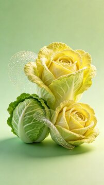 Two Yellow Cabbage Roses with Green Leaves and Water Droplets on Soft Green Background