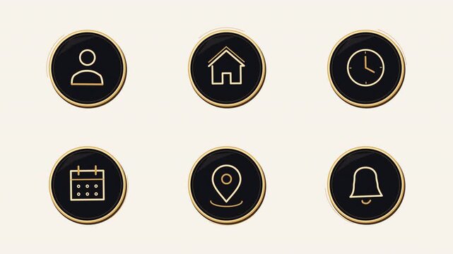 Animated looping elegant gold and black ui icon set user home clock calendar location and bell on transparent alpha channel