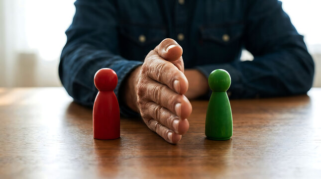 Person mediating conflict with barrier between red and green wooden pieces