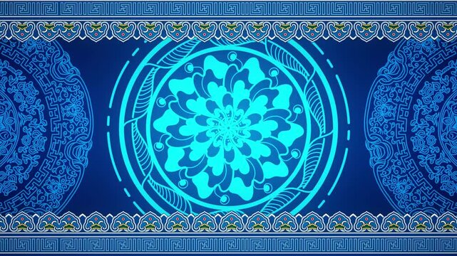 Blue ornamental mandala pattern with traditional Chinese border motifs, symmetrical floral design on deep blue background