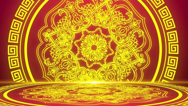 Golden ornate mandala pattern with Greek key border on deep red background, symmetrical decorative animation